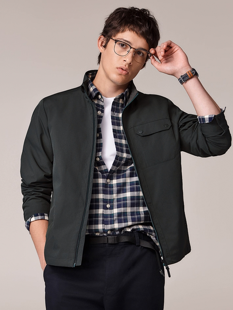 Hazzys哈吉斯秋季纯色上衣男士休闲通勤挺括立领简约教练夹克外套