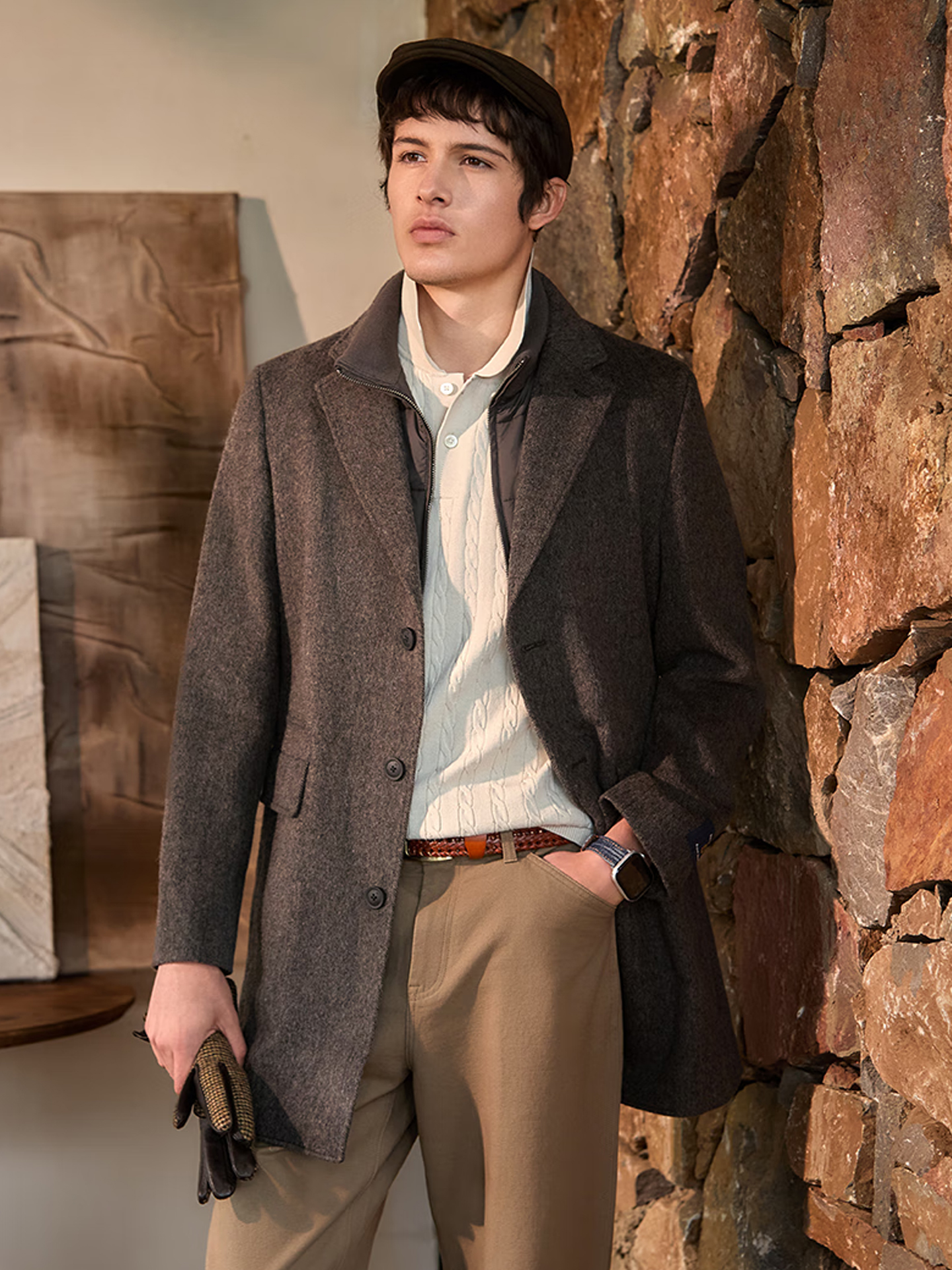 新品男士外套羊毛【假两件】中长款毛呢大衣ABSZH0CDX56 棕色BW