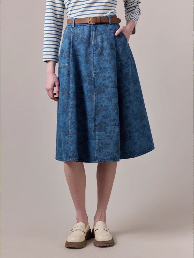 Hazzys哈吉斯2025秋季新品女时尚裙子印花牛仔中长裙