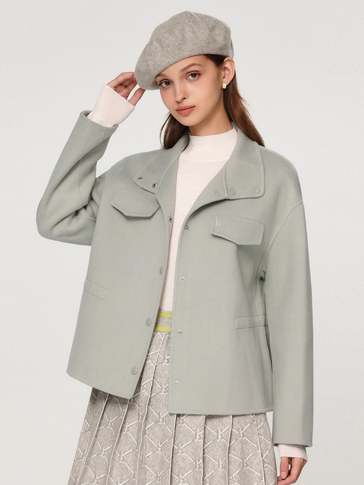 Hazzys哈吉斯毛呢大衣女秋冬潮流时尚通勤宽松短款外套