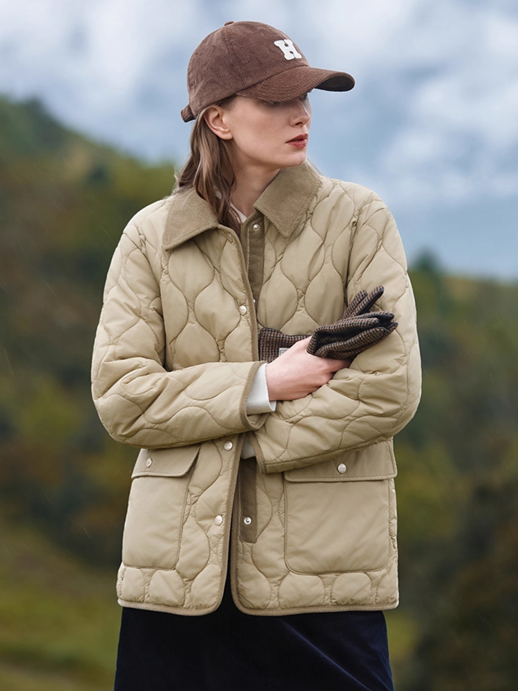 Hazzys哈吉斯宽松棉服女时尚休闲通勤灯芯绒翻领外套