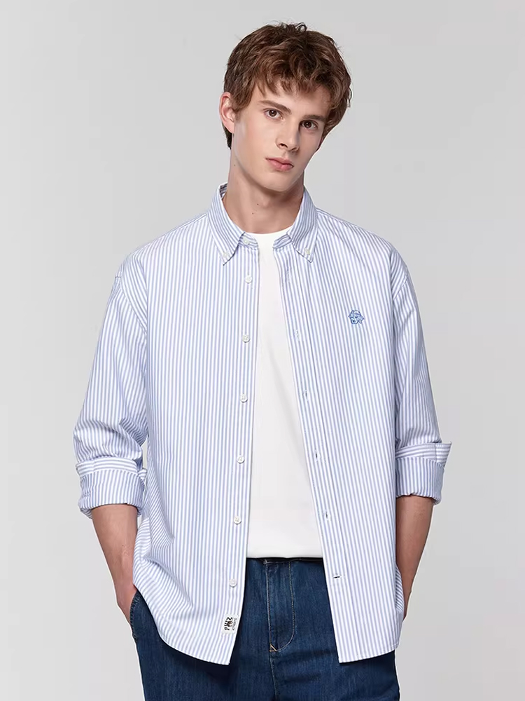 Hazzys哈吉斯男春季牛津纺长袖棉质上衣条纹通勤衬衫