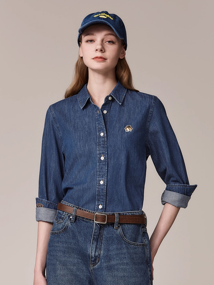 Hazzys哈吉斯牛仔衬衫女秋季复古水洗宽松外套纯棉休闲通勤上衣