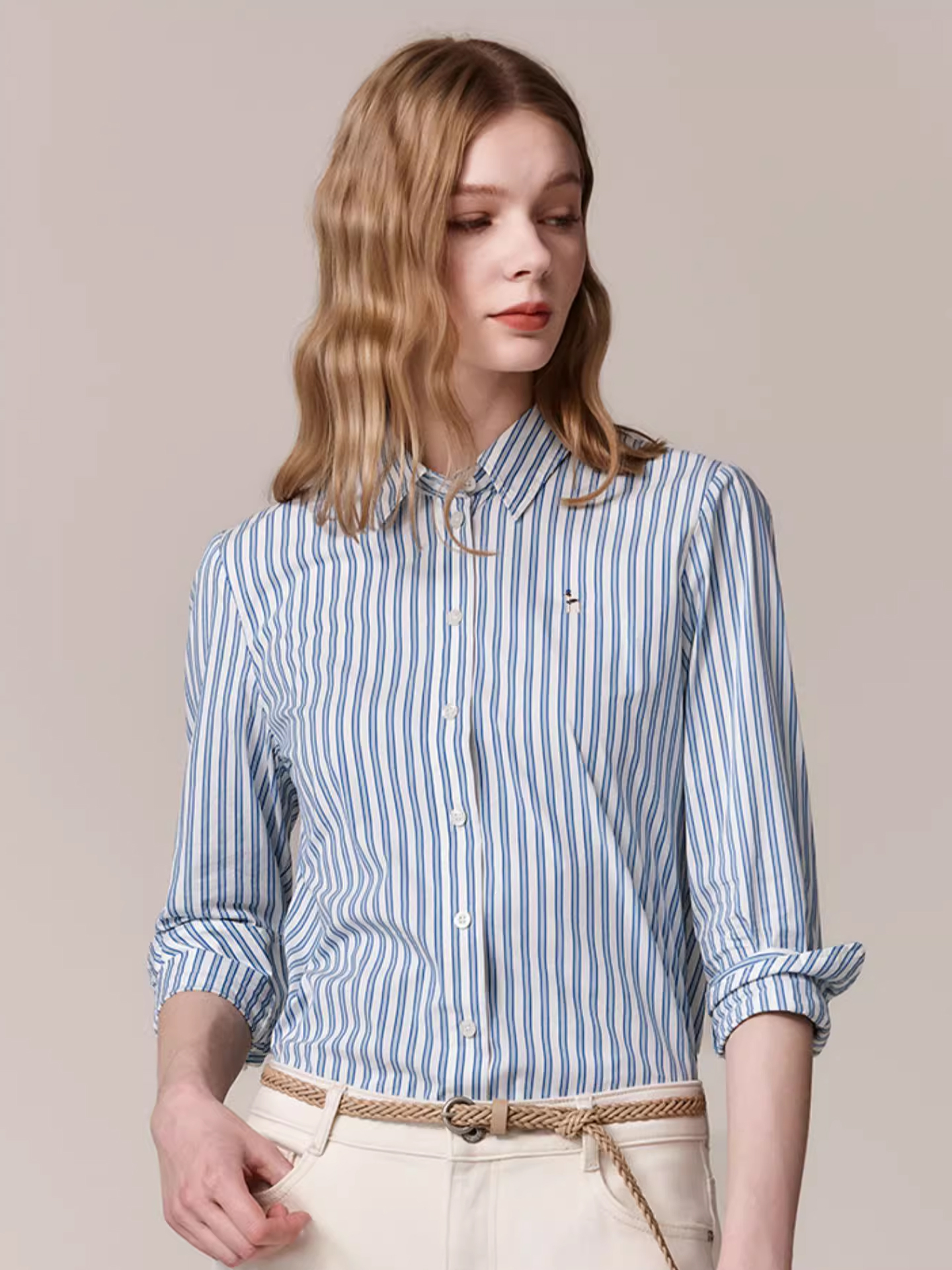 【贡缎衬衫】Hazzys哈吉斯长袖条纹衬衣女士秋季时尚休闲通勤上衣