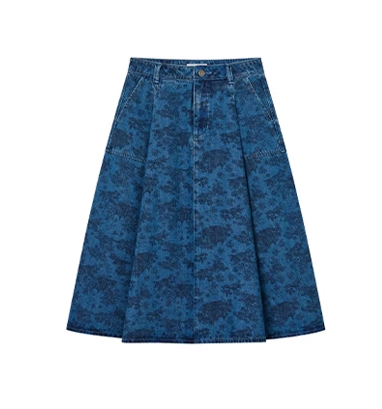 Hazzys哈吉斯2025秋季新品女时尚裙子印花牛仔中长裙