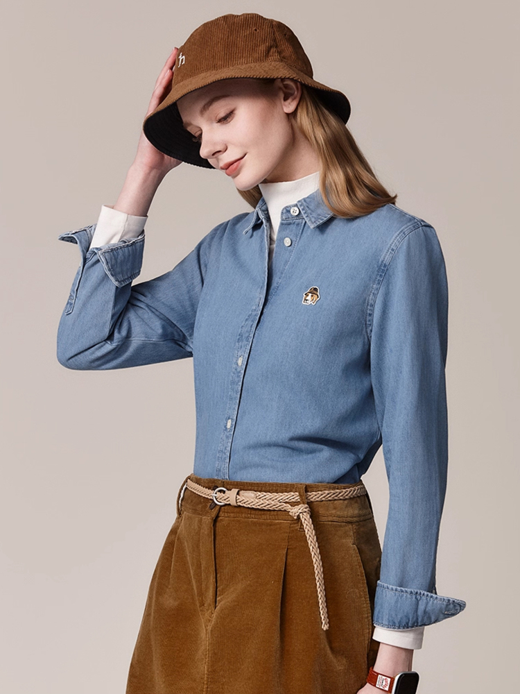 Hazzys哈吉斯牛仔衬衫女秋季复古水洗宽松外套纯棉休闲通勤上衣