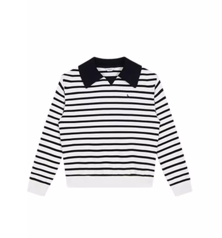 Hazzys哈吉斯条纹翻领卫衣女通勤套头长袖T恤上衣