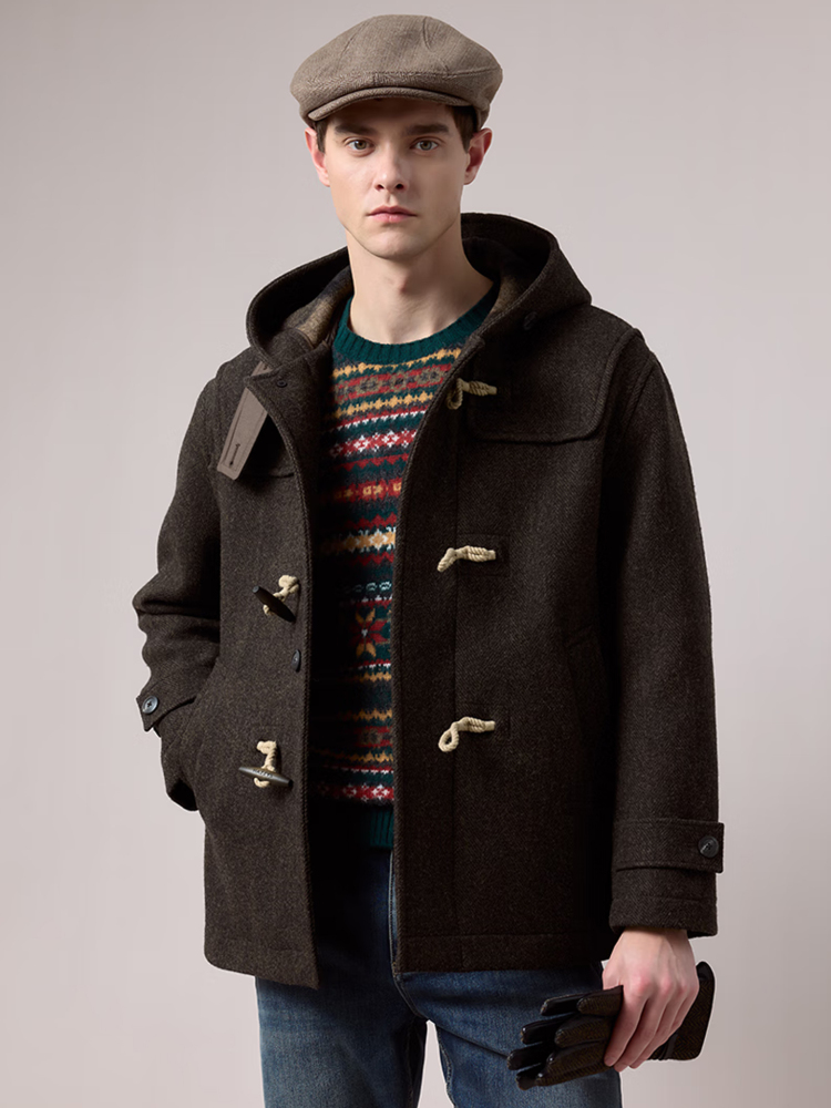 新品【羊毛】连帽牛角扣毛呢大衣男ABSZH0CDH26 棕色BW