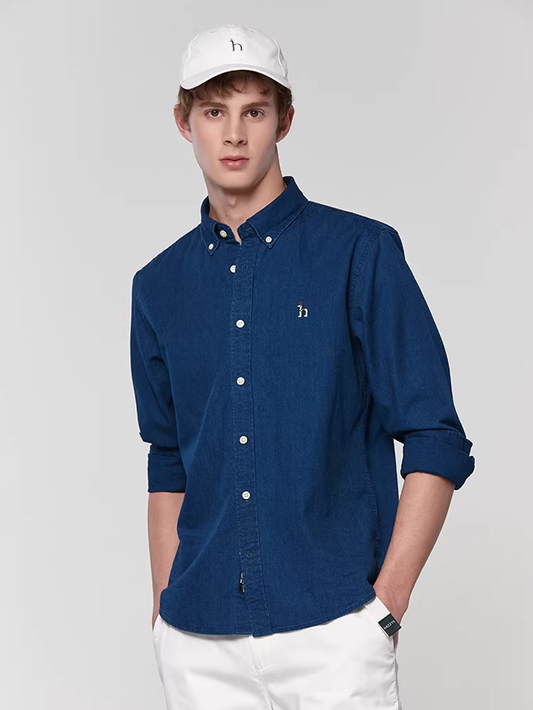 Hazzys哈吉斯男装春季经典合体蓝色牛仔衬衫复古休闲纯棉长袖上衣