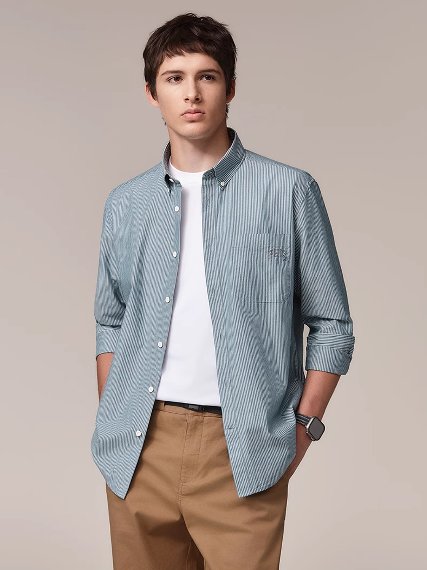 Hazzys哈吉斯秋季男士长袖衬衫条纹休闲纯棉衬衣潮流通勤上衣外套