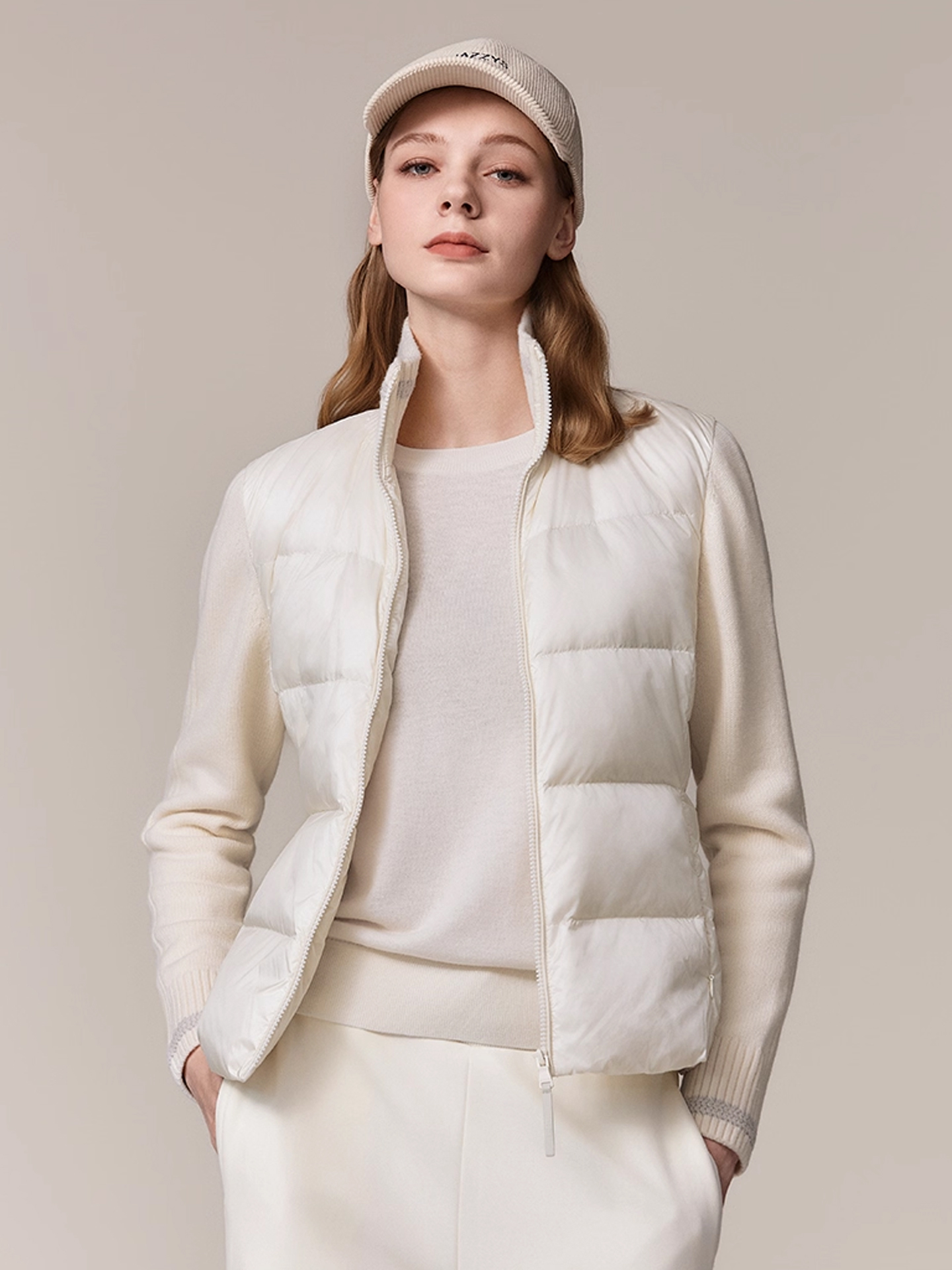 Hazzys哈吉斯羽绒服女秋冬休闲通勤保暖立领鹅绒轻薄毛织拼接外套