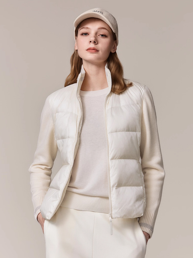 Hazzys哈吉斯羽绒服女秋冬休闲通勤保暖立领鹅绒轻薄毛织拼接外套