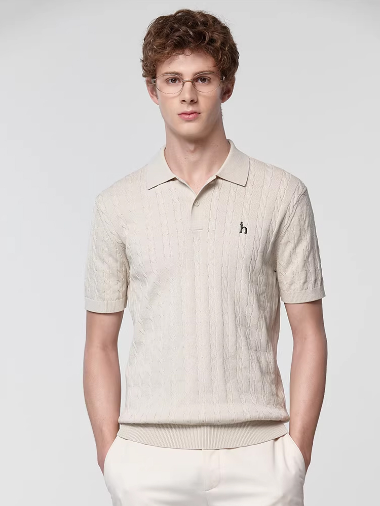 Hazzys哈吉斯春季男装休闲通勤polo领短袖绞花针织衫