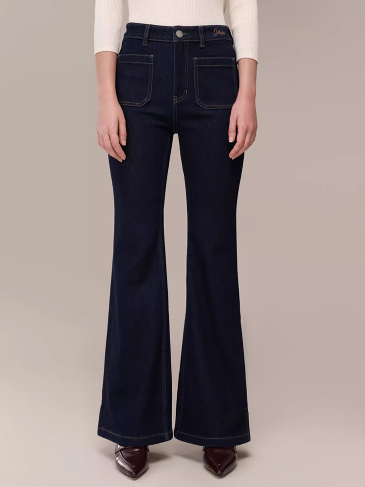 Hazzys哈吉斯通勤深蓝色微喇拖地牛仔裤女时尚休闲裤