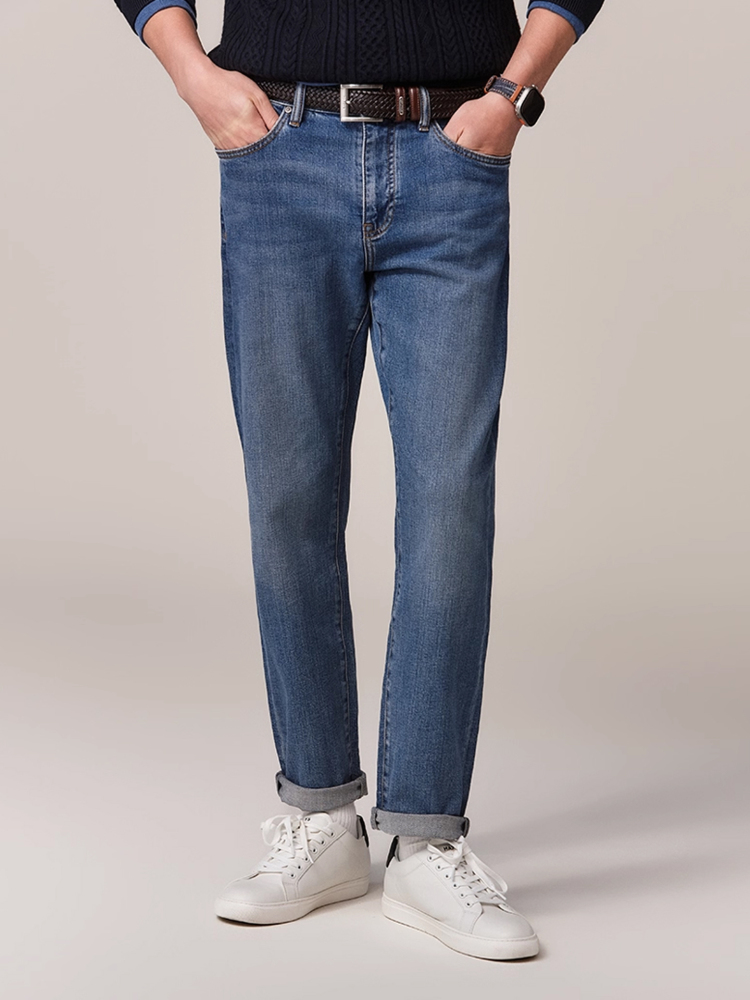 Hazzys哈吉斯男士长裤丹宁复古蓝色显瘦锥形牛仔裤潮