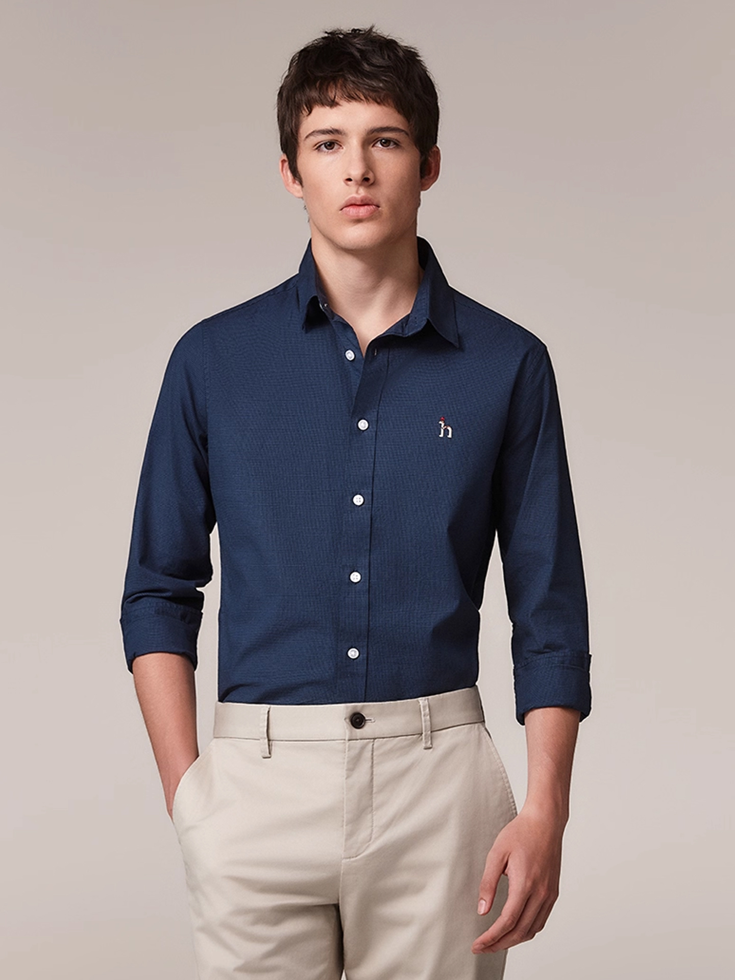 Hazzys哈吉斯千鸟格长袖衬衫男士秋季休闲衬衣通勤商务合体上衣潮