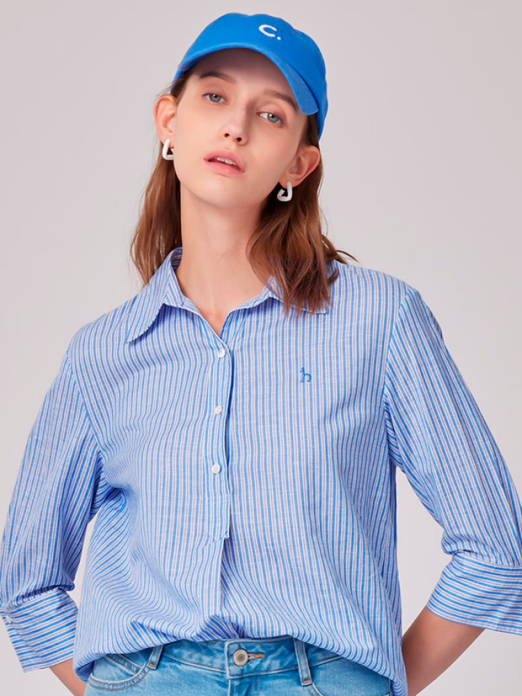 夏季新款女士休闲设计感条纹七分袖衬衫