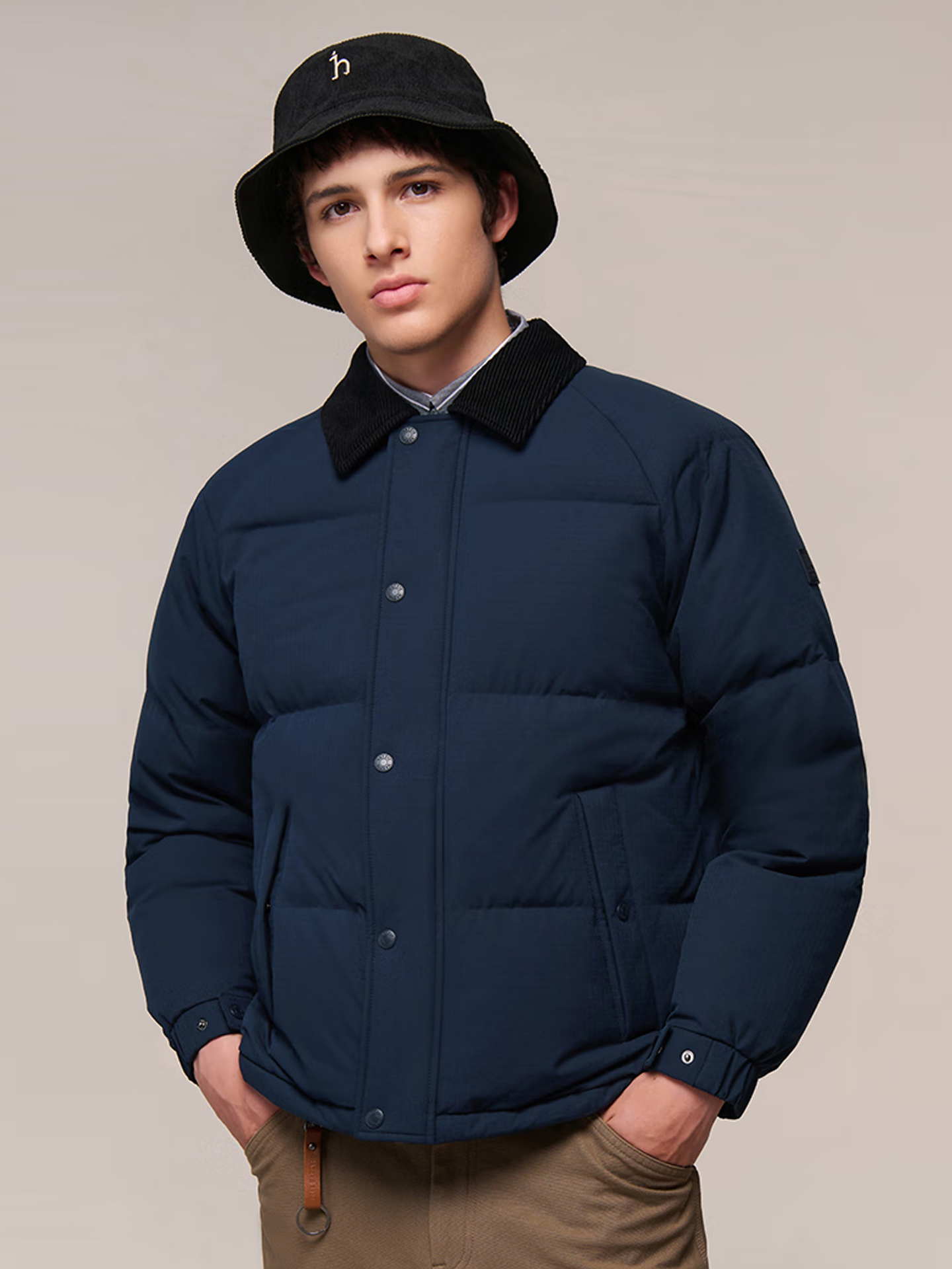 新款男士外套PHIZ系列面包服灯芯绒翻领羽绒服男 藏青色NV