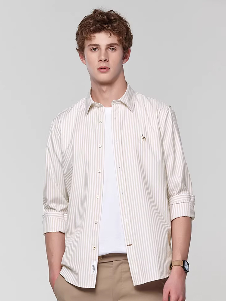 Hazzys哈吉斯男士纯棉条纹长袖衬衫休闲衬衣外套上衣