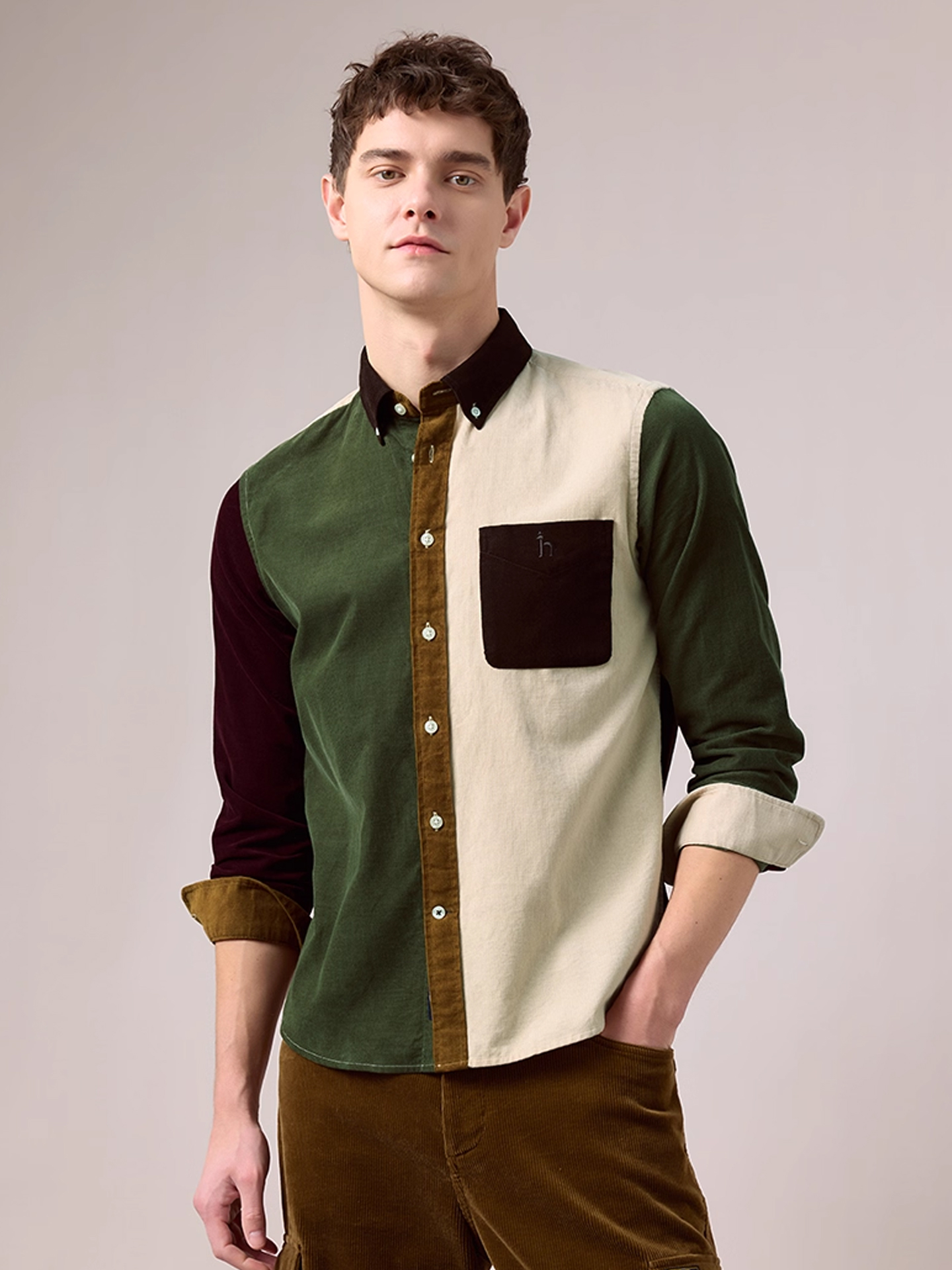 HAZZYS哈吉斯2025秋季新品男撞色拼接灯芯绒长袖衬衫